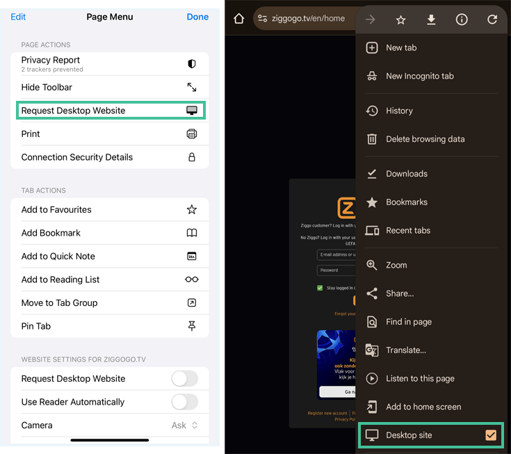 Een screenshot van de desktop site instellingen op iOS (links) en op Android (rechts)