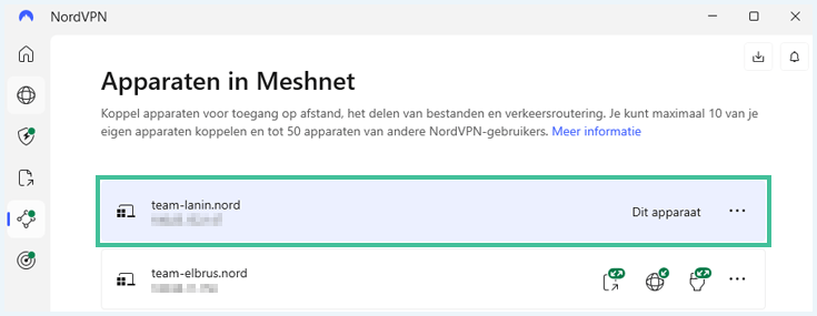 Screenshot NordVPN waar naam meshnet-apparaat zichtbaar is