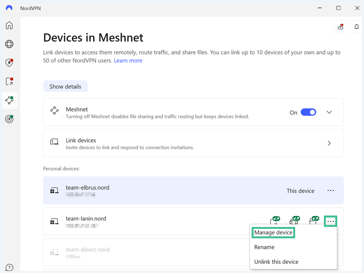 Screenshot van meshnet functie NordVPN waar je apparaat kunt beheren