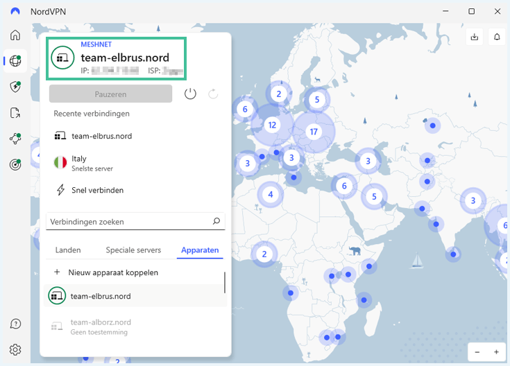 screenshot nordvpn app verbonden via meshnet