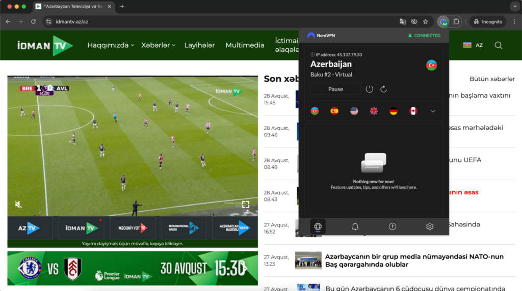 Idman TV connected to NordVPN
