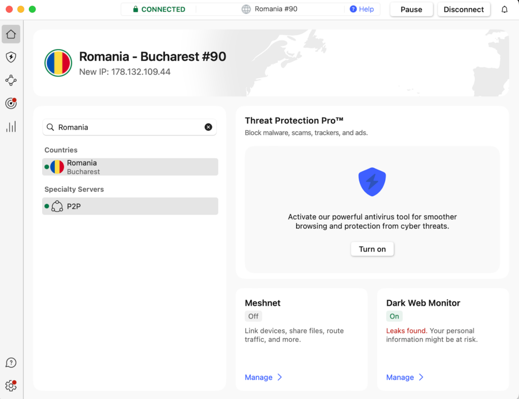 NordVPN verbonden met Roemenië om geoblokkades te omzeilen