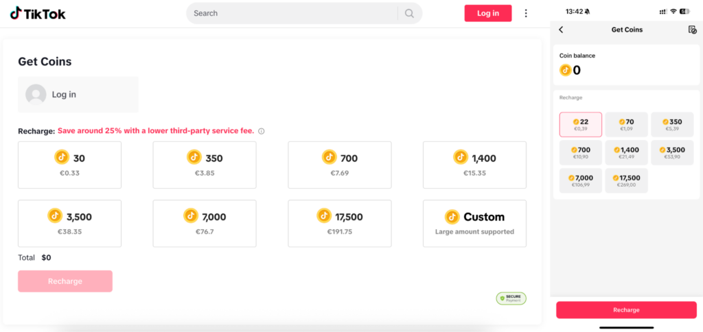 TikTok coins price difference