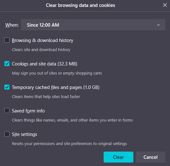 Clear cookies and cache