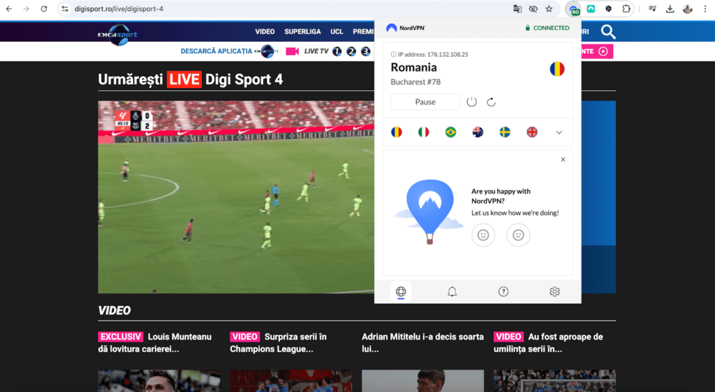 Digi Sport gedeblokkeerd met NordVPN
