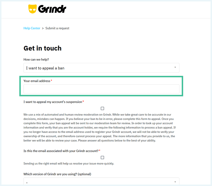 grindr submit request