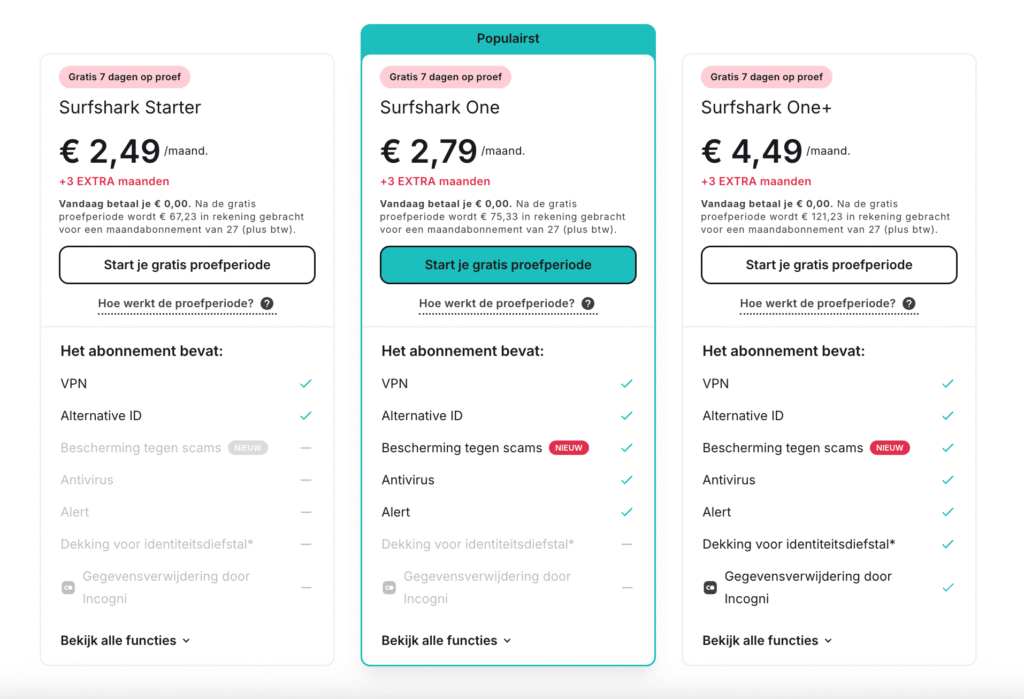 Overzicht van de Surfshark-abonnementen Starter, One en One+ met korting