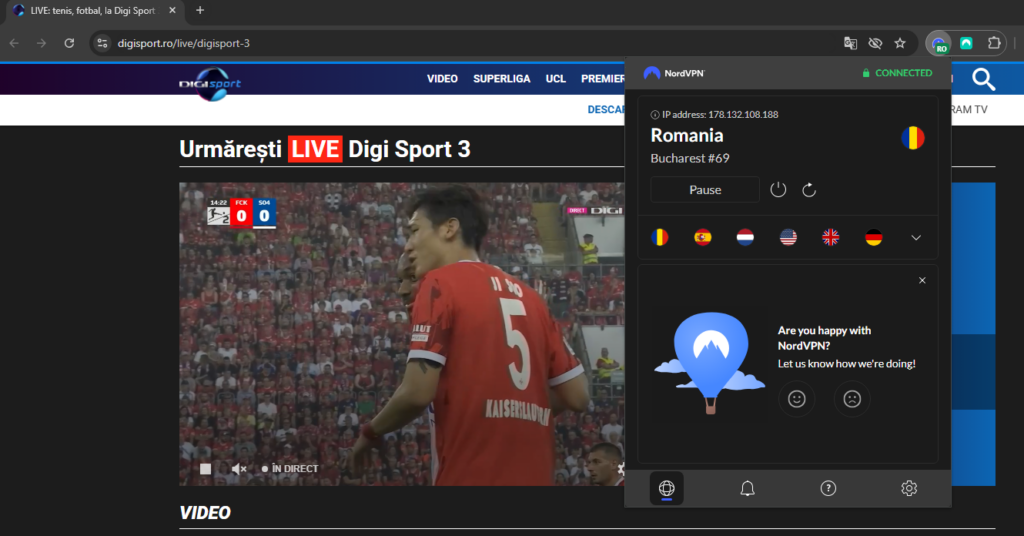 Watching Digi Sport with NordVPN