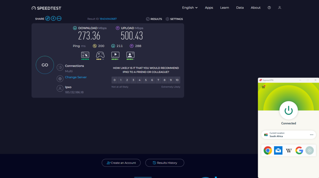 ExpressVPN snelheidstest met een server in Zuid-Afrika. Basissnelheden - 3 ms, 466,29 Mbps download, 582,28 Mbps upload