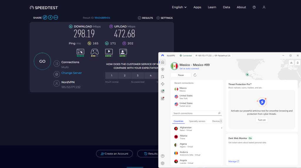 NordVPN snelheidstest met een server in Mexico. Basissnelheden: 3 ms, 466,28 Mbps download, 582,28 Mbps upload