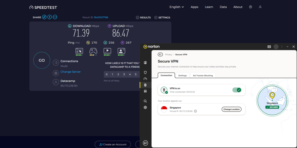 Norton VPN snelheidstest met een server in Singapore. Basissnelheden: 3 ms, 466,29 Mbps download, 582,28 Mbps upload