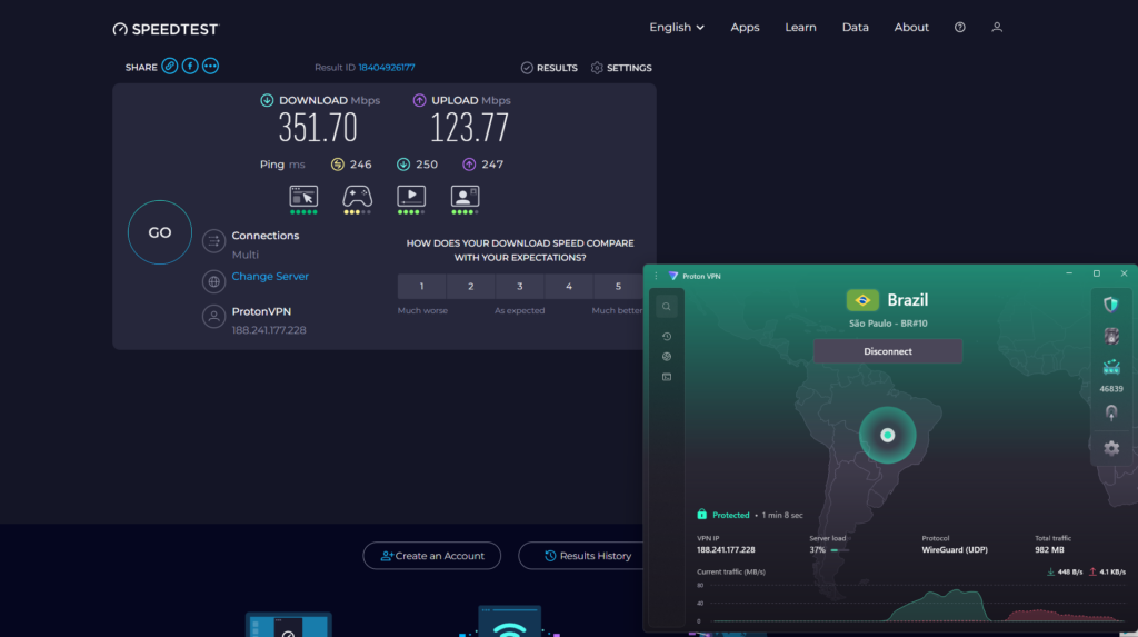 Proton VPN snelheidstest met een server in Brazilië. Basissnelheden: 3 ms, 466,29 Mbps download, 582,28 Mbps upload