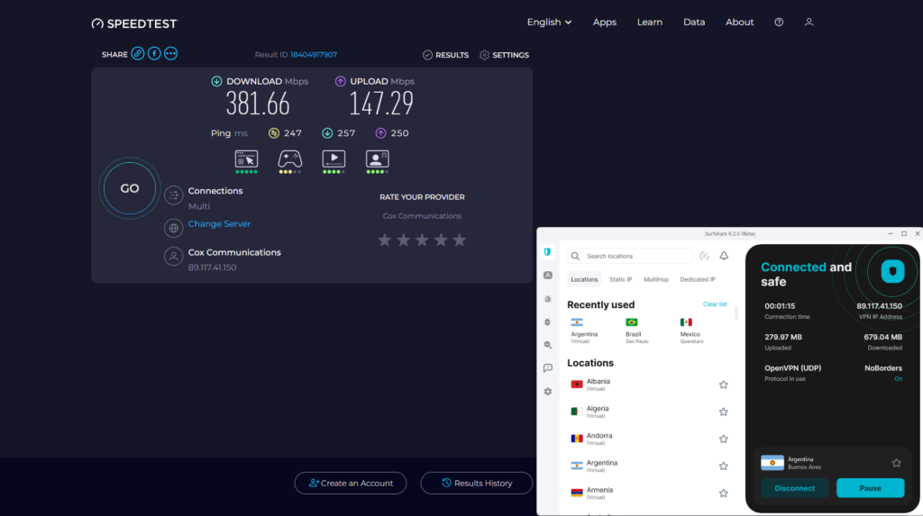 Surfshark snelheidstest met een server in Argentinië. Basissnelheden: 3 ms, 466,29 Mbps download, 582,28 Mbps upload