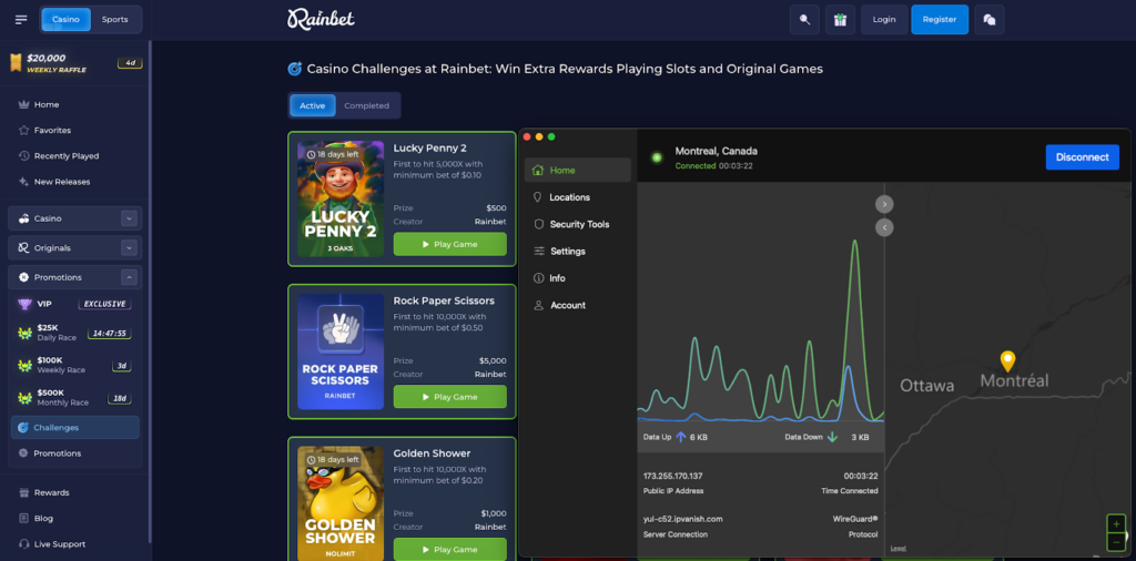 IPVanish deblokkeert Rainbet via een Canadese server