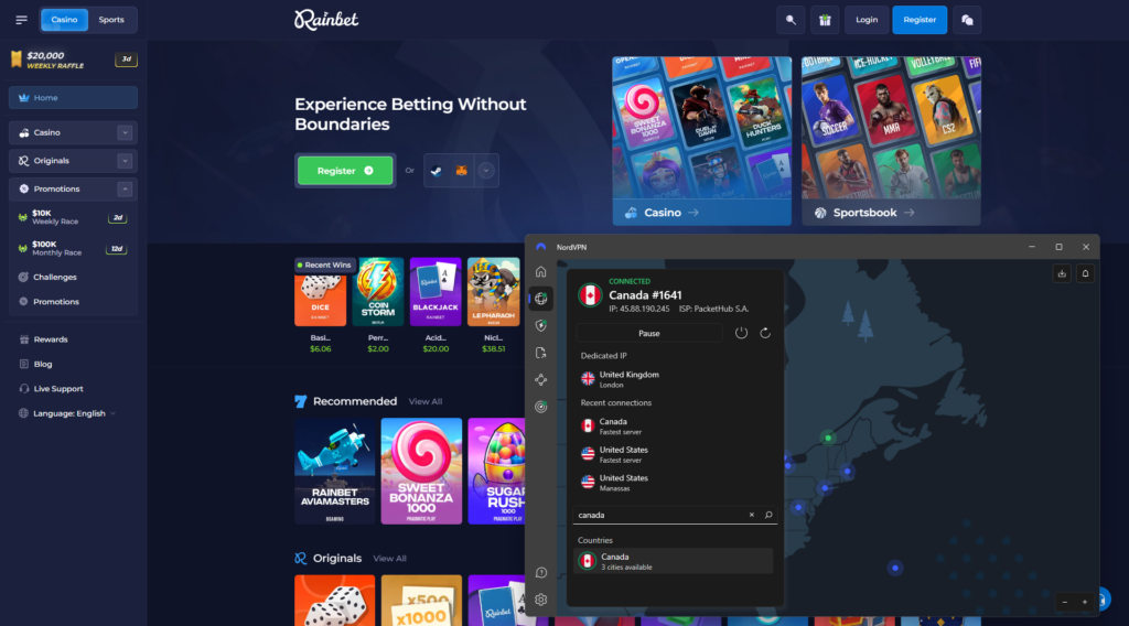 Rainbet gedeblokkeerd met NordVPN via een server in Canada