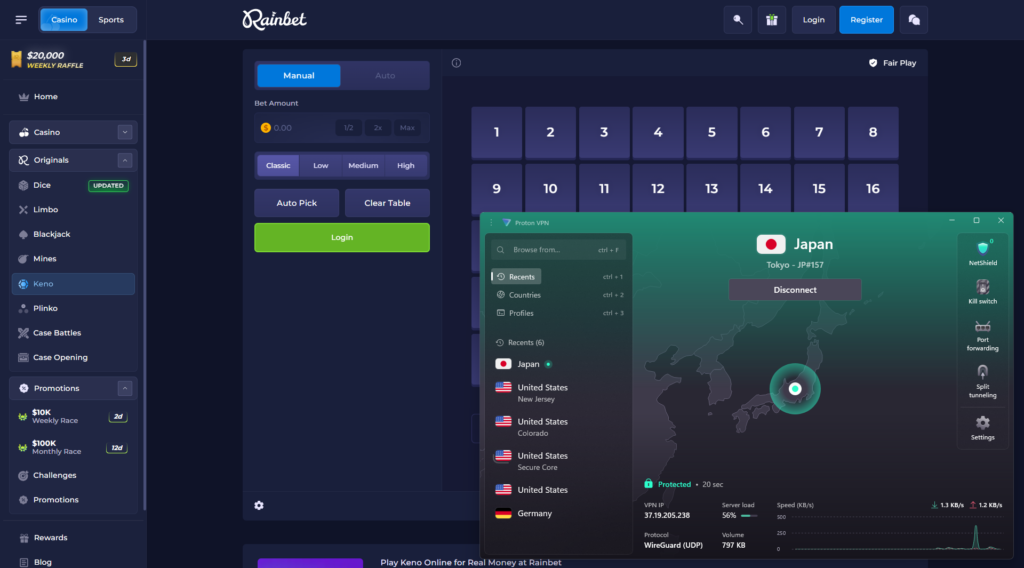 Rainbet is unblocked met Proton VPN via een Japanse server