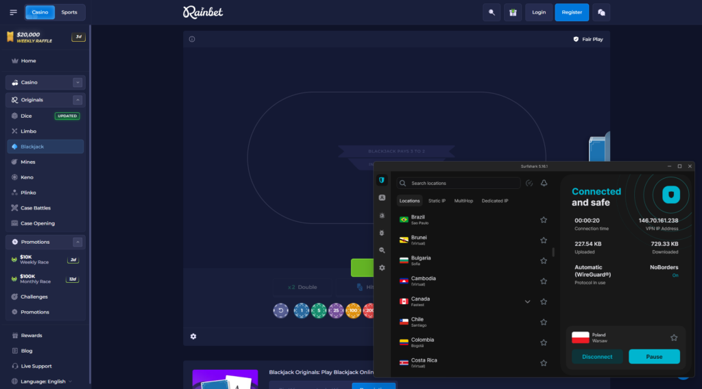 Rainbet werkt in Nederland met Surfshark via een Poolse server