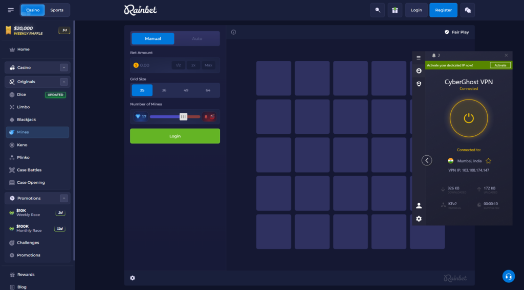 Rainbet werkt met behulp van CyberGhost via een Indiase server