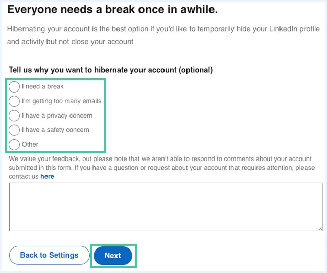 Screenshot-linkedin-reason-to-hibernate-account