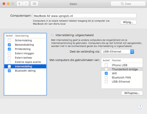 Screenshot van het 'Delen' menu van Mac met internetdeling geselecteerd maar nog niet aangevinkt