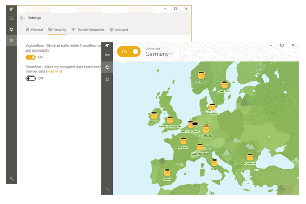 TunnelBear Settings en Map Screenshot