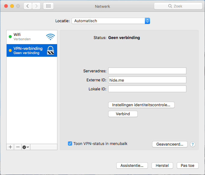 VPN instellingen menu Mac OS
