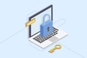 Laptop beveiligd met wachtwoord en sleutel met slot