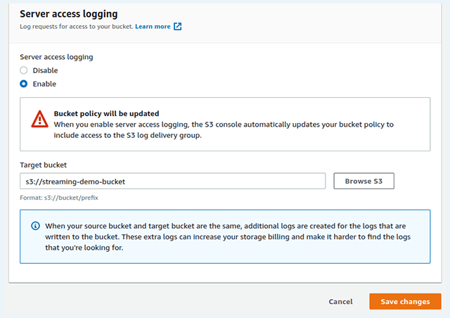 AWS S3 screenshot van server acces logging
