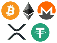 Logo's van Bitcoin, Ether, Monero, XRP en Tether