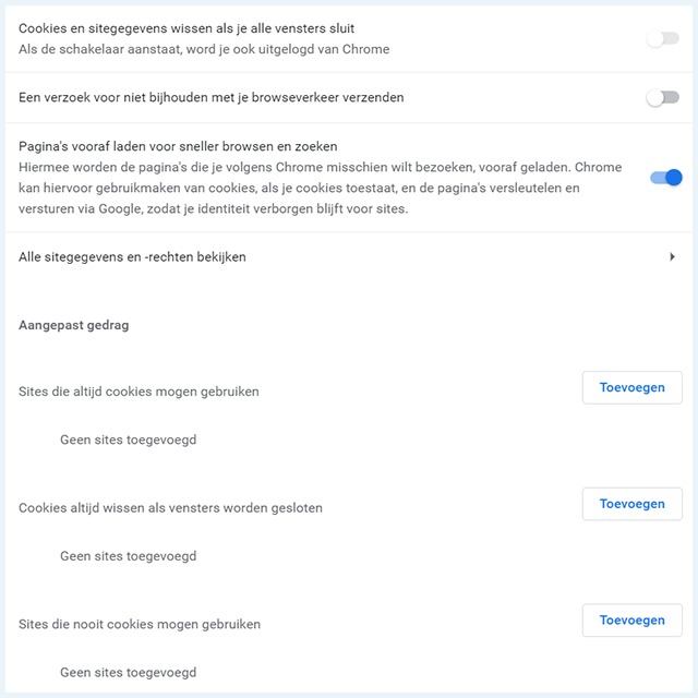 Chrome cookie instellingen uitzonderingen