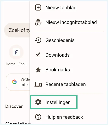 Chrome instellingen icoon op telefoon