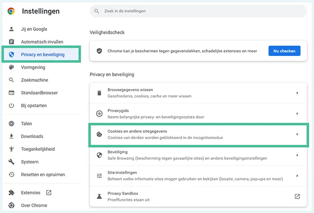 Chrome cookies en andere sitegegevens instellingen