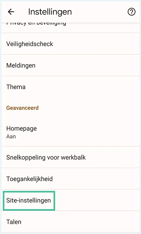 Chrome telefoon site-instellingen