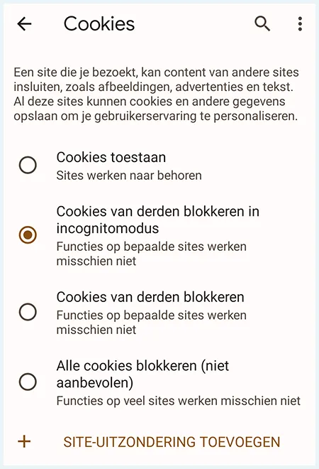 Chrome telefoon instellingen cookies