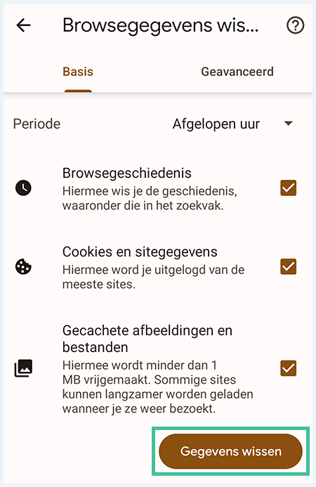 Chrome telefoon bevestig keuze gegevens wissen