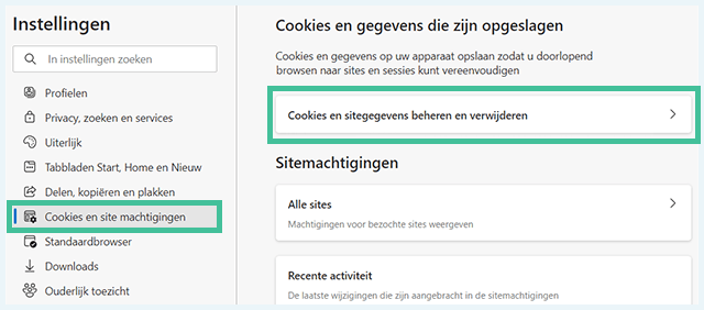 Edge cookies beheren instellingen