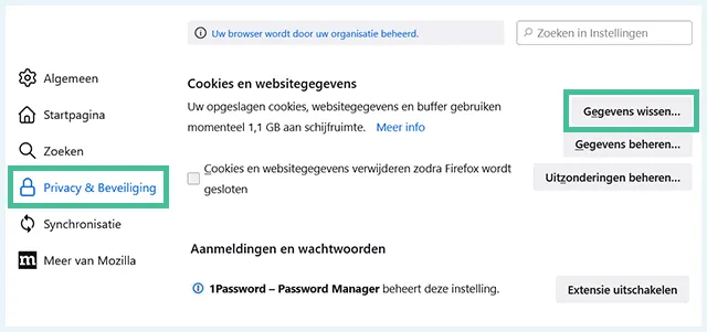 Firefox cookie gegevens wissen