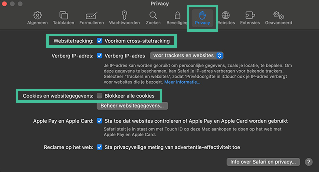 Safari macOS blokkeer cookies en tracking