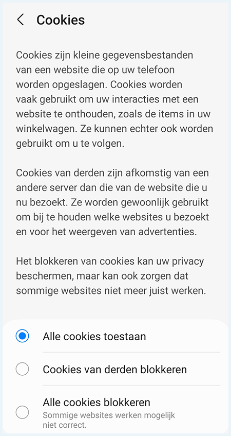 Samsung Internet cookies beheren