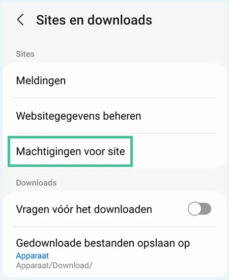 Samsung Internet klik op machtigingen voor site