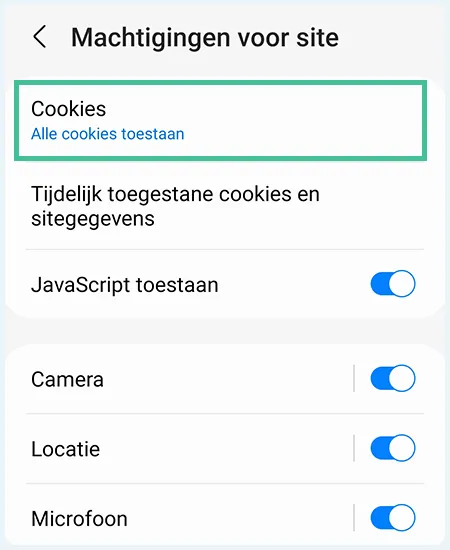 Samsung Internet cookie machtigingen