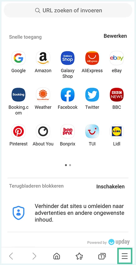 Samsung Internet open menu