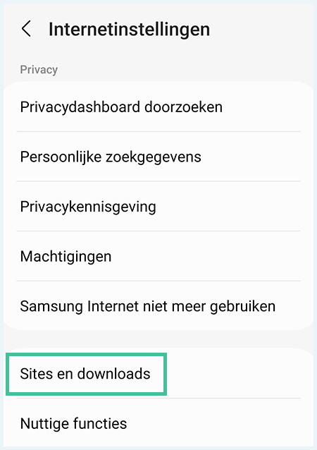 Samsung Internet Sites en Downloads menu