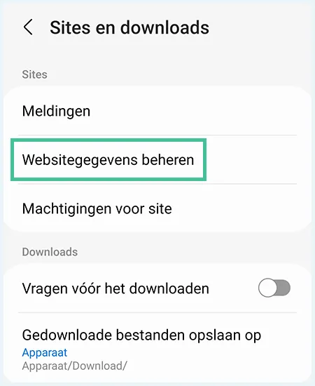 Samsung Internet websitegegevens beheren