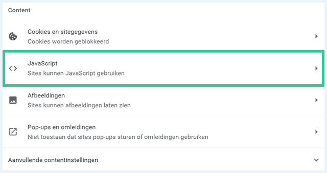 Chrome instellingen selecteer javascript