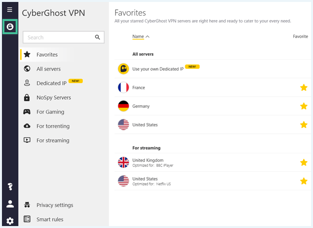 CyberGhost app uitgeklapt waarbij het logo is uitgelicht
