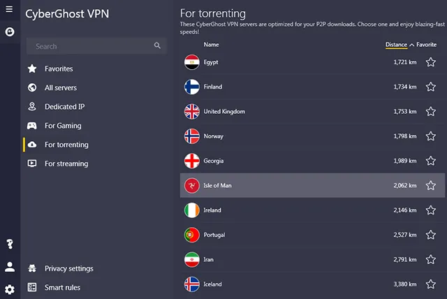 Screenshot CyberGhost torrenting servers