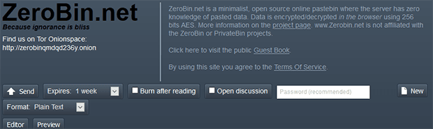 Dark Web ZeroBin screenshot