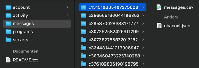 Screenshot van de mappen met databestanden die je krijgt als je in Discord gegevens opvraagt
