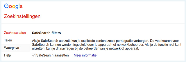 Screenshot Google SafeSearch filter